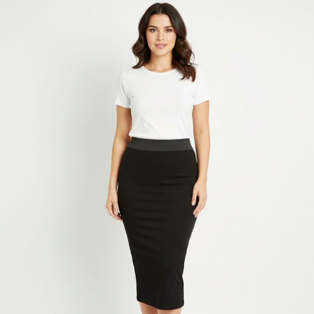 Miss Selfridge Black Stretch High-Waisted Bodycon Midi Skirt Size 6